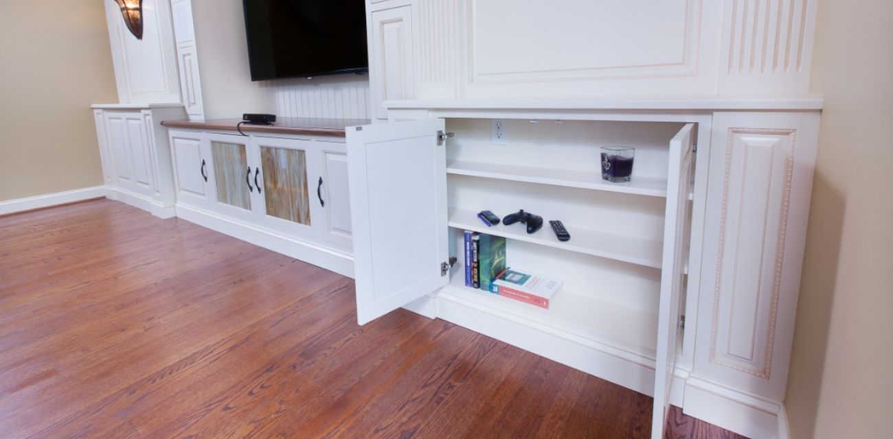 white custom built living room storage cabinet